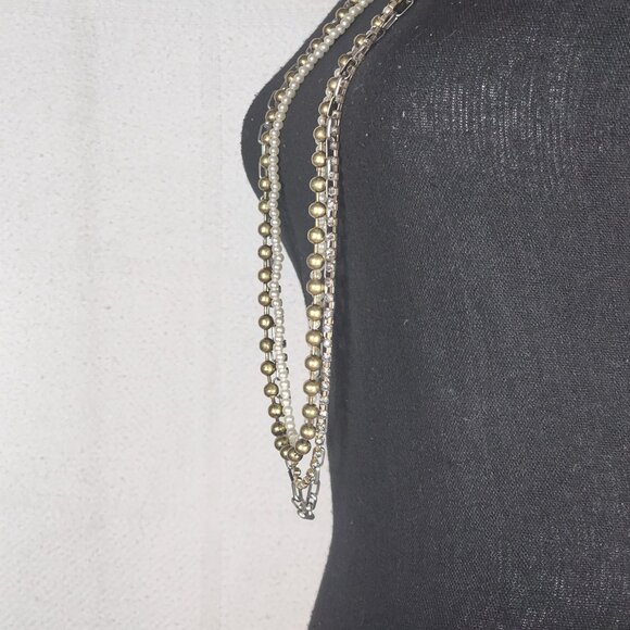 Chico's Silver Gold White Faux Pearl Crystal Ball Chain Box Link 36" Necklace - Picture 9 of 16